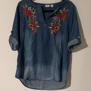Westbound Blue Denim Blouse with Floral Embroidery